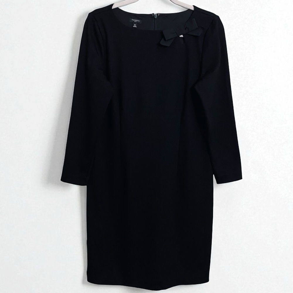 Talbots Black Ponte Knit Ribbon‎ Bow Neck Accent 3/4 Sleeve Dress Size 10